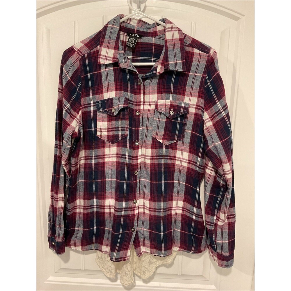 EUC Rue 21 Multi-Color Flannel Button-up Long Sleeve Top W/Lace Back Junior Lg